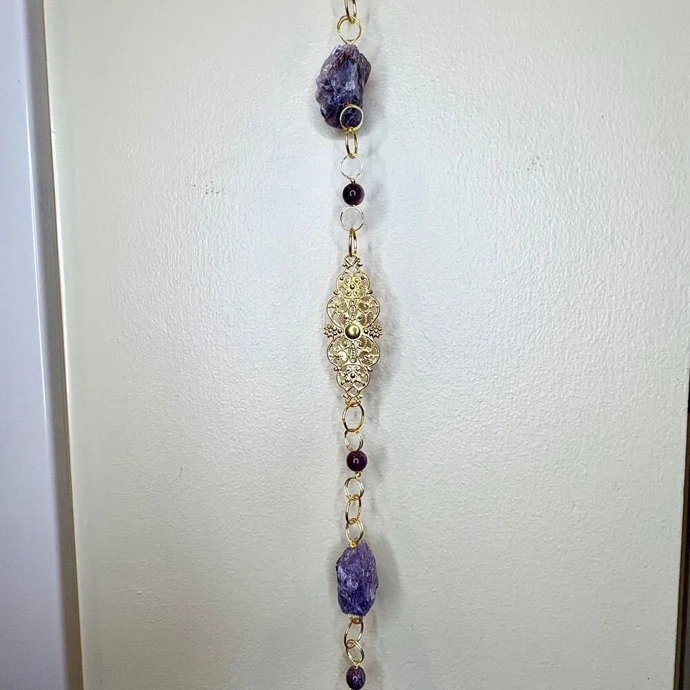 Raw Amethyst and Amethyst Bead Gemstone Wall Hanging Gold Filigree